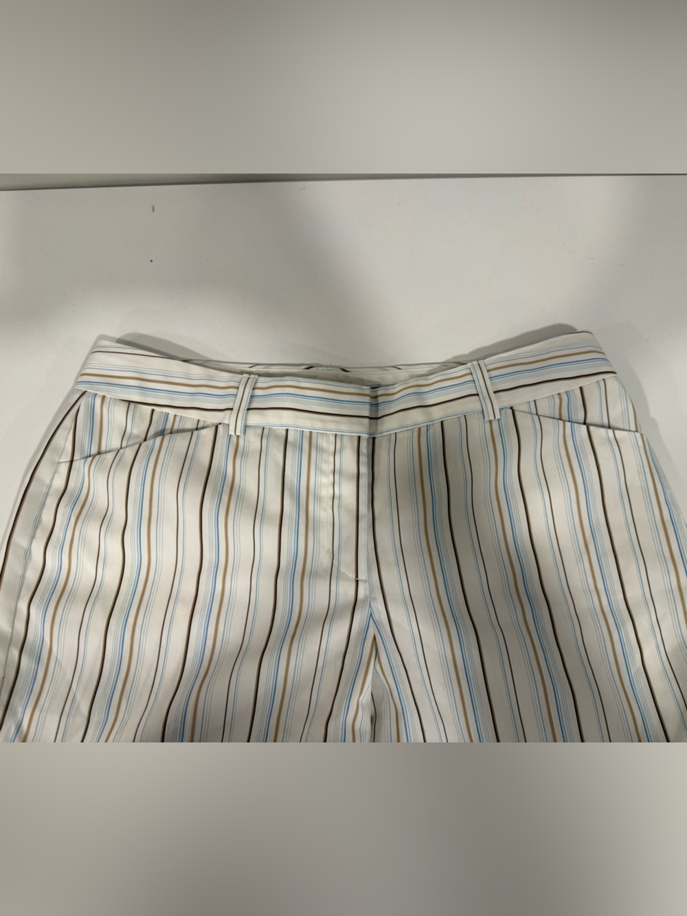 Express Women’s Striped Dress Pants in White with Blue & Tan Stripes